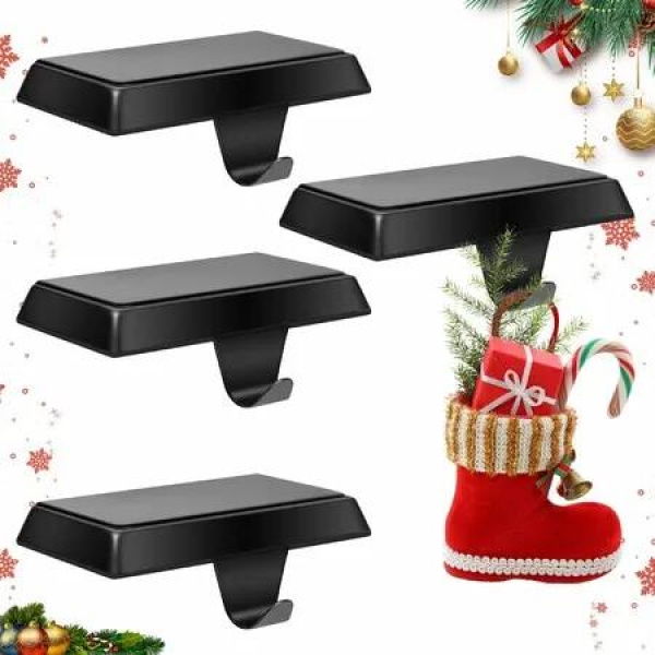 4 Pack Metal Christmas Stocking Holders for Mantle Heavy Duty Stocking Hangers Stocking Hook Christmas Ornaments for Counter Tables Window Fireplace Mantle Decoration (Black)