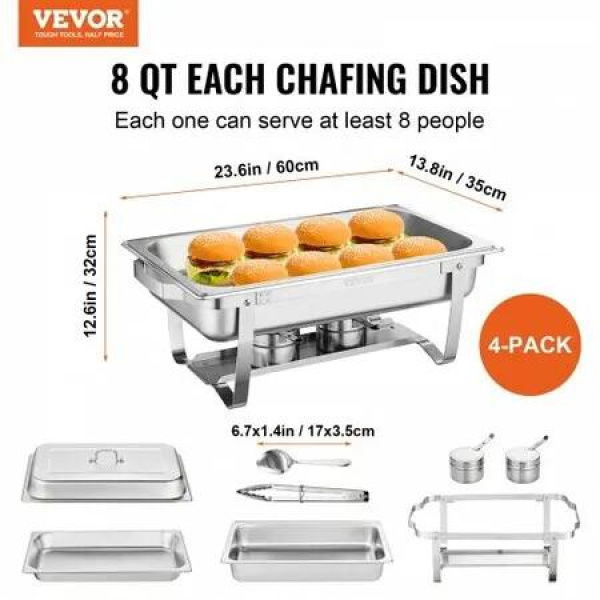 4-Pack Rectangle Chafing Dish Set with Full-Size 8Qt Pan Frame Fuel Holder