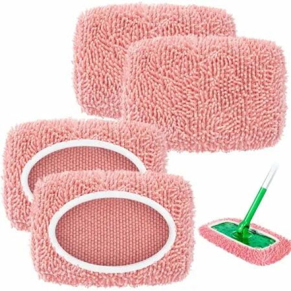 4 Pack Reusable Replacement Mop Pads Compatible with Swiffer Sweeper Microfiber Chenille Washable Mop Pads Dry Wet Sweeping Mopping Cloths(Pink)
