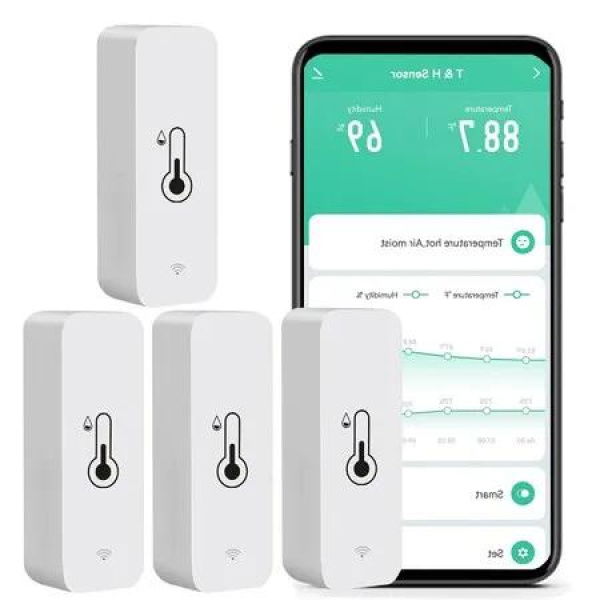 4-pack Smart WiFi Humidity and Temperature Monitor with Remote Monitoring and Alerts, High-Precision Indoor Thermometer Compatible with Alexa and TUYA App, No Hub Required