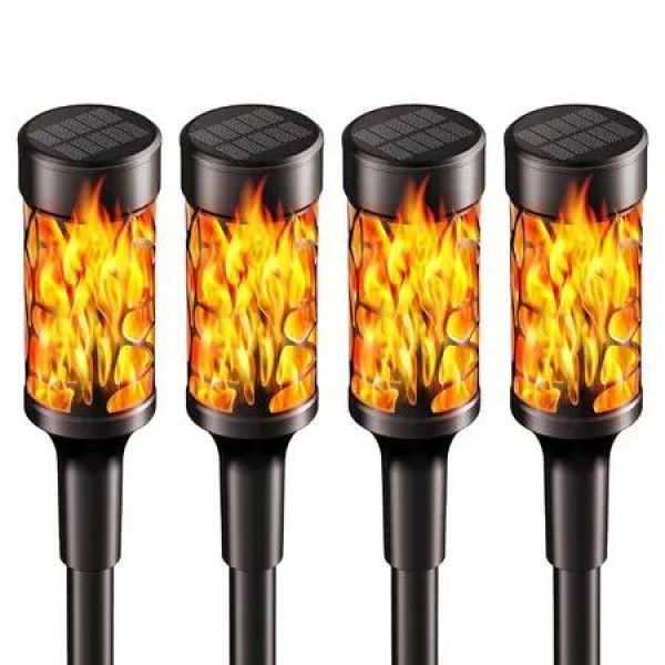 4 Pack Solar Torch with Flickering Flame Waterproof, Solar Powered Garden Lights, LED Flame Pathway Torches Lights for Yard, Patio