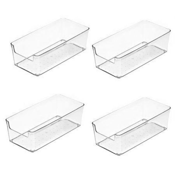 4 Pack Stackable Pantry Organizer Bins For Kitchen Freezer Countertops Cabinets - Plastic Food Storage Container With Handles For Home And Office 19.6*9.5*6.2CM