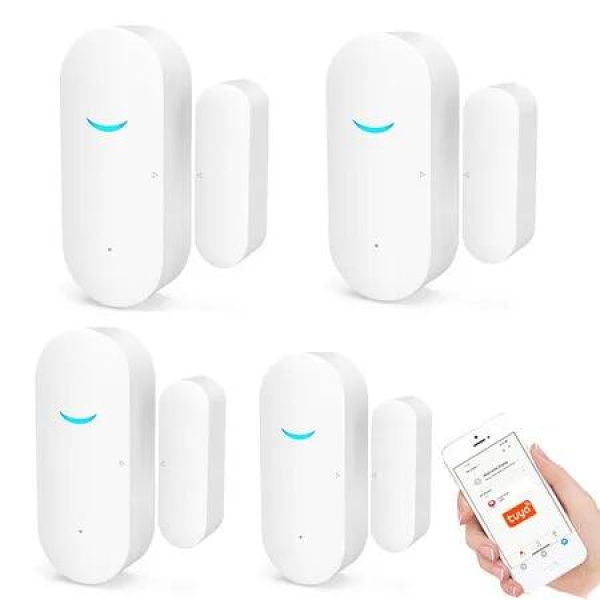4 Pack WiFi Door and Window Sensors, Tuya Smart Alarm with Notification APP Control Home Security Alarm System