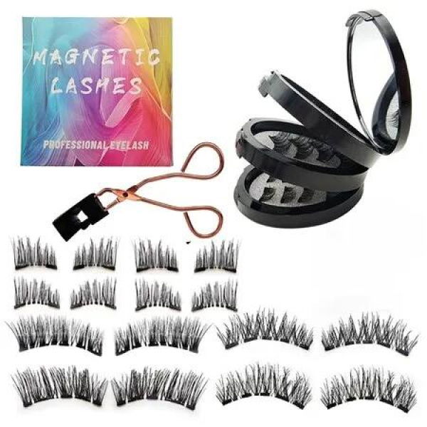 4 Pairs Magnetic False Eyelashes Extensions Semi-Natural Black Curly Thick Reusable Eyelashes With Applicator No Glue 3D Look Eye Makeup For Girls