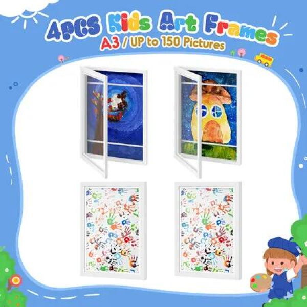 4 Pcs A3 Photo Frames Craft Display Kids Art Drawings Canvas Artwork Wall Hanging Storage Wooden White Children 150 Pictures Family Portrait Projects