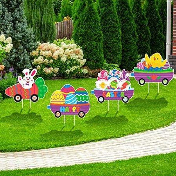 4 Pcs Easter Yard Easter Yard Decorations Outdoor Train Easter Lawn Signs Bunny Carrot Gnomes Chick Lawn