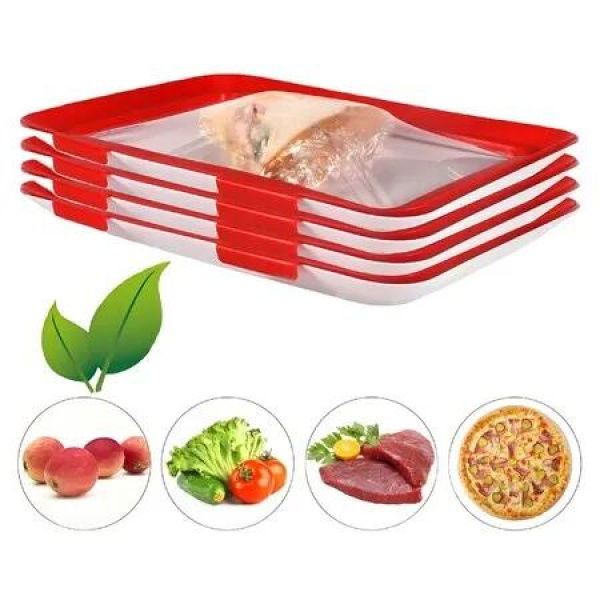 4 Pcs Food Preservation Tray Plastic Preservation Tray,Elastic Film Buckle Vacuum Seal Keeps Food Fresh,Seal Storage Container For Refrigerator