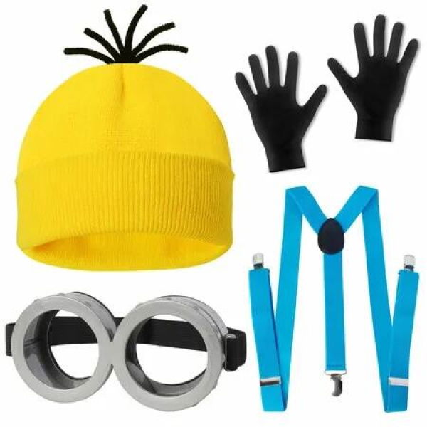 4 Pcs Halloween Costume Accessories Yellow Beanie Hat Goggles Gloves Suspenders for Halloween Dress Up