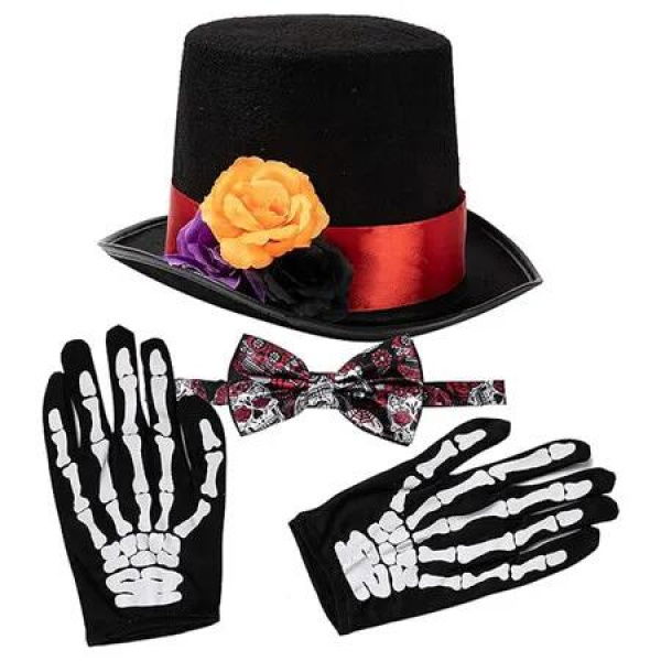 4 Pcs Halloween Day of the Dead Costume Accessories Set for Men Including 1 Pair of Skeleton Gloves, 1 Menâ€™s Hat and 1 Bow Tie for Halloween Cosplay Party