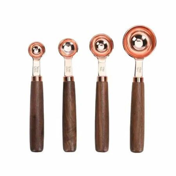 4 PCS Stainless Steel Measuring Cups And Spoons Set With Walnut Handle For Measuring Baking Rose Gold Spoons