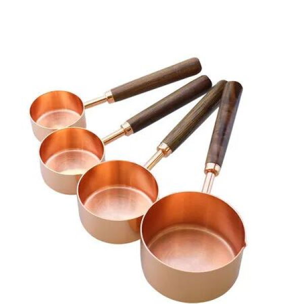 4 PCS Stainless Steel Measuring Cups Copper Plated Nesting Measuring Cup Set with Walnut Wood Handle for Dry and Liquid Ingredients