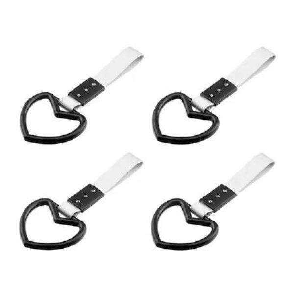 4 Pcs Tsurikawa Ring Love-Shaped Car Hand Strap Decorative Warning Loops Rear Bumper Warning Ring for Car Decoration(Black with Silver suspenders)