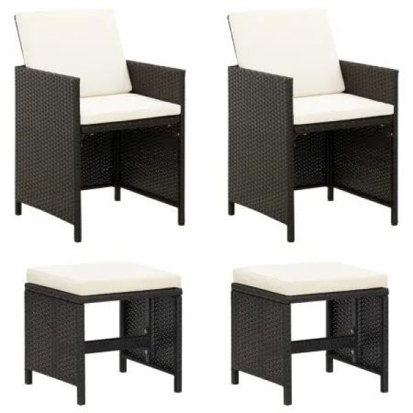 4 Piece Garden Chair and Stool Set Poly Rattan Black