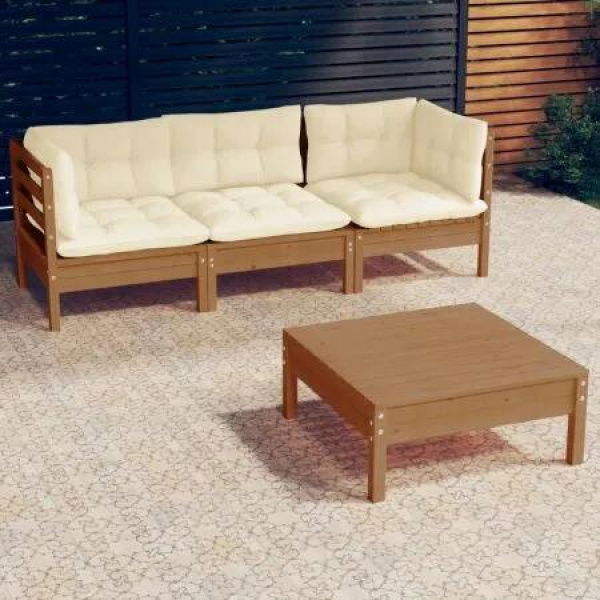 4 Piece Garden Lounge Set with Cream Cushions Pinewood