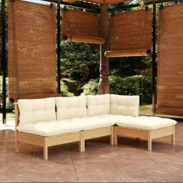 4 Piece Garden Lounge Set with Cream Cushions Pinewood