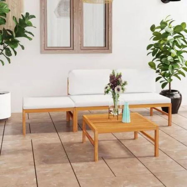 4 Piece Garden Lounge Set with Cream Cushions Solid Teak Wood