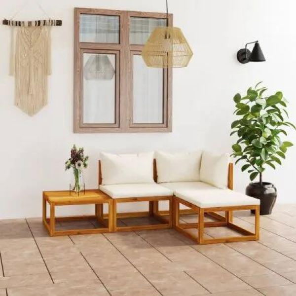 4 Piece Garden Lounge Set with Cushion Cream Solid Acacia Wood