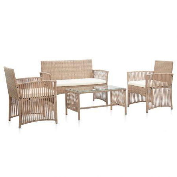 4 Piece Garden Lounge Set With Cushion Poly Rattan Beige