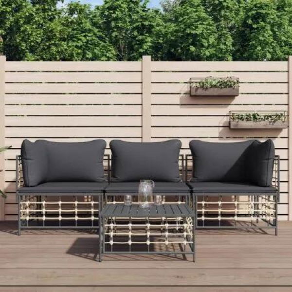 4 Piece Garden Lounge Set with Cushions Anthracite Poly Rattan