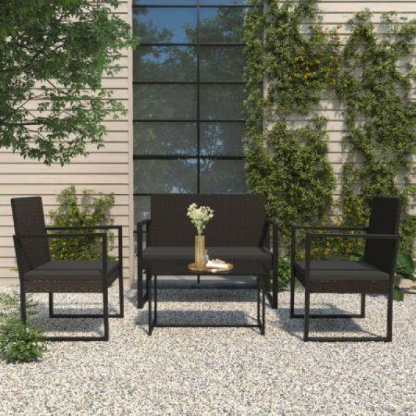 4 Piece Garden Lounge Set With Cushions Black Poly Rattan