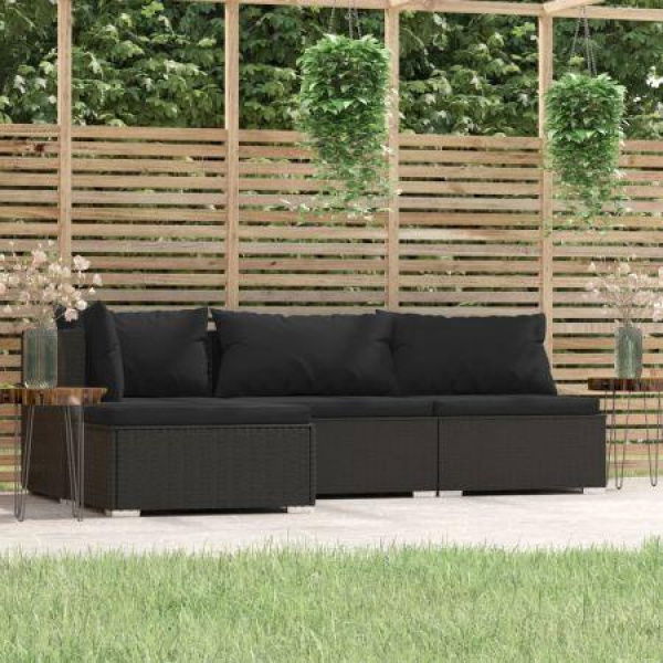 4 Piece Garden Lounge Set With Cushions Black Poly Rattan