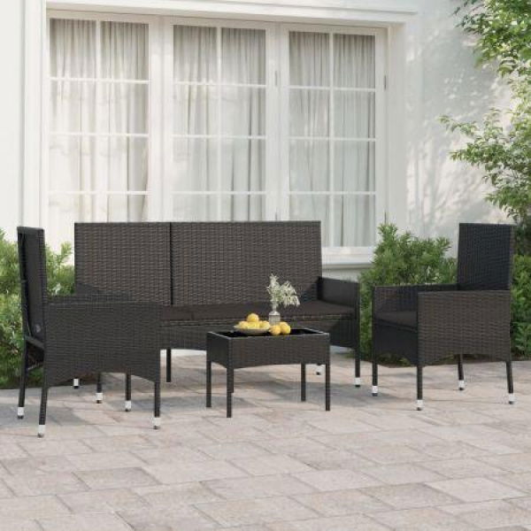 4 Piece Garden Lounge Set With Cushions Black Poly Rattan