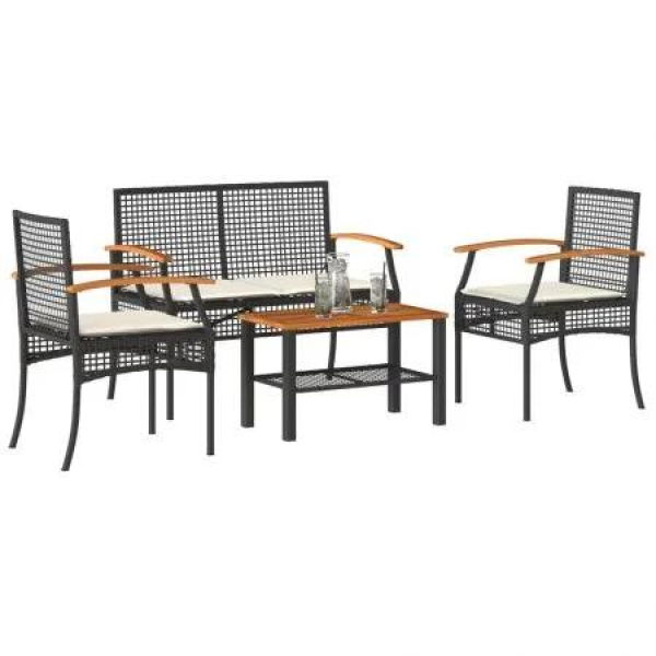 4 Piece Garden Lounge Set with Cushions Black Poly Rattan