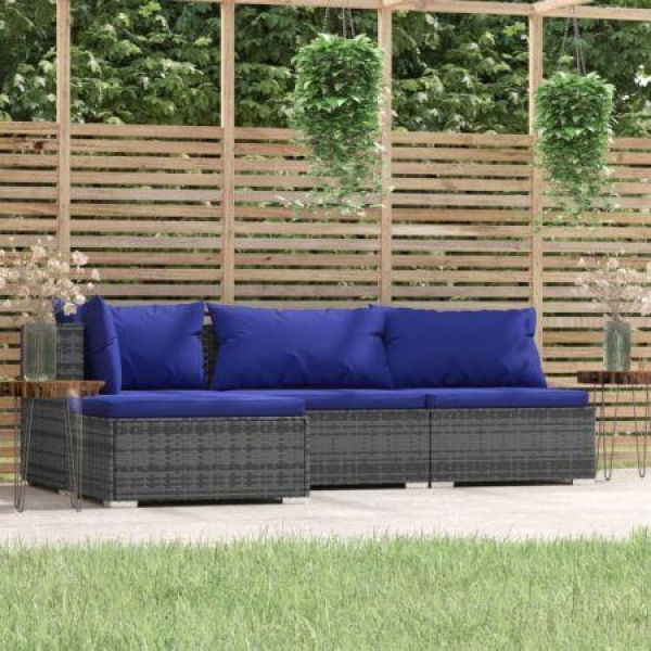 4 Piece Garden Lounge Set With Cushions Grey Poly Rattan