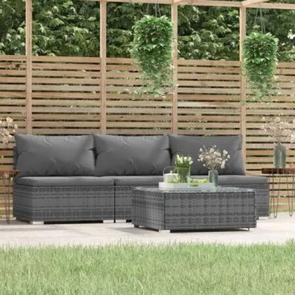 4 Piece Garden Lounge Set with Cushions Grey Poly Rattan