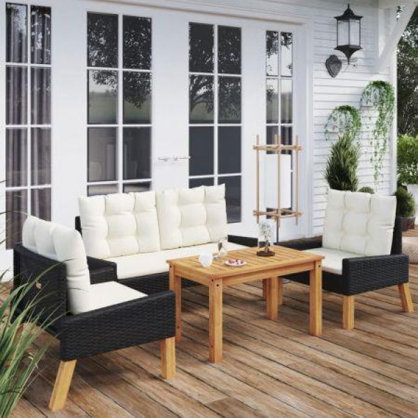 4-Piece Garden Lounge Set With Cushions - Poly Rattan & Solid Wood.