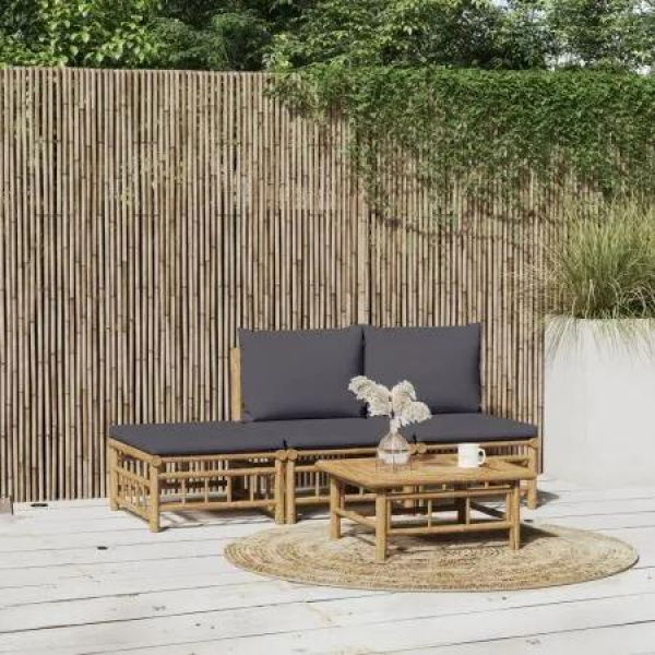 4 Piece Garden Lounge Set with Dark Grey Cushions Bamboo