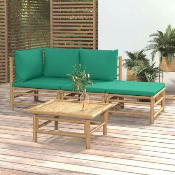 4 Piece Garden Lounge Set with Green Cushions Bamboo