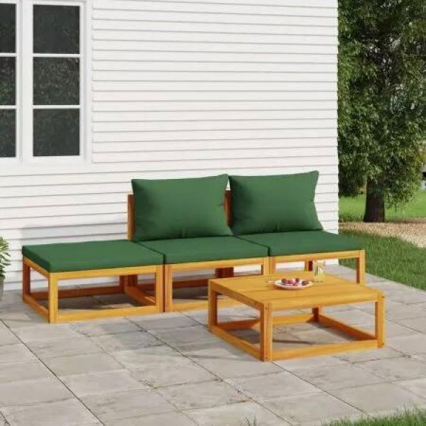 4 Piece Garden Lounge Set with Green Cushions Solid Wood