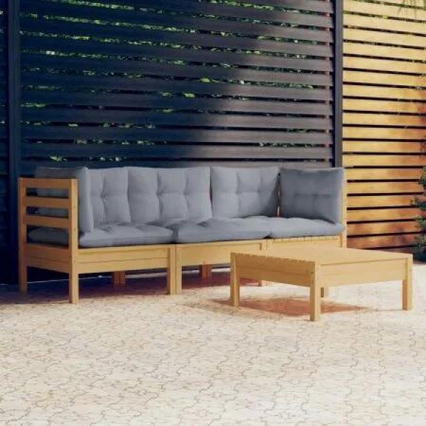 4 Piece Garden Lounge Set with Grey Cushions Pinewood