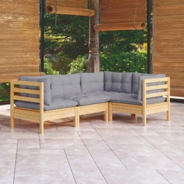 4 Piece Garden Lounge Set with Grey Cushions Pinewood