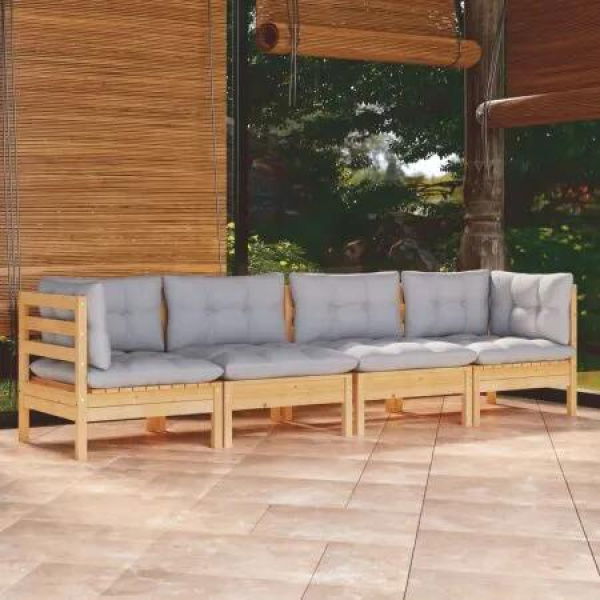 4 Piece Garden Lounge Set with Grey Cushions Solid Pinewood