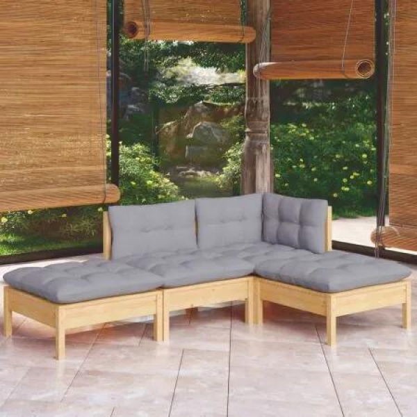 4 Piece Garden Lounge Set with Grey Cushions Solid Pinewood