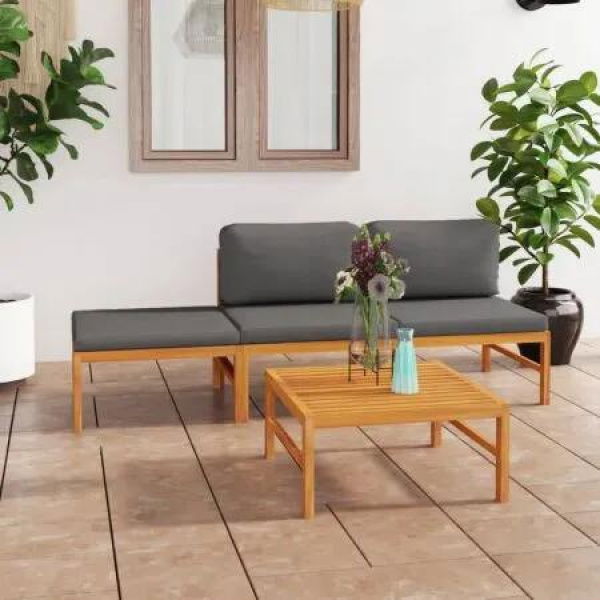 4 Piece Garden Lounge Set with Grey Cushions Solid Teak Wood