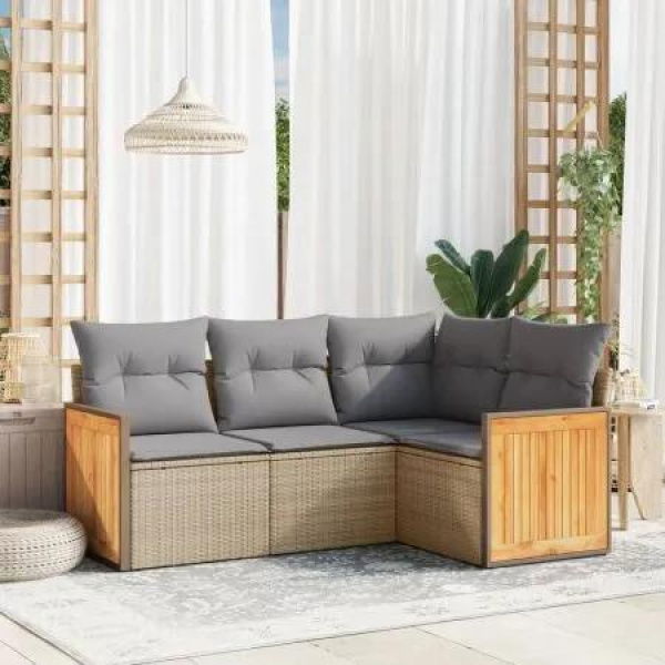 4 Piece Garden Sofa Set with Cushions Beige Poly Rattan