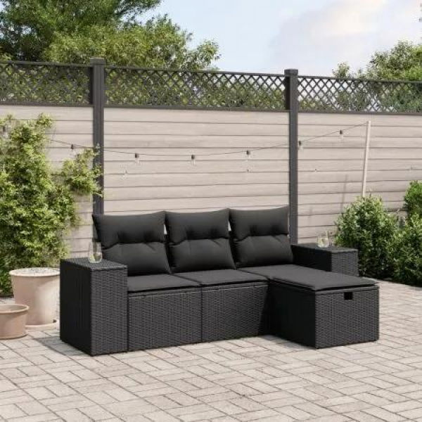 4 Piece Garden Sofa Set with Cushions Black Poly Rattan