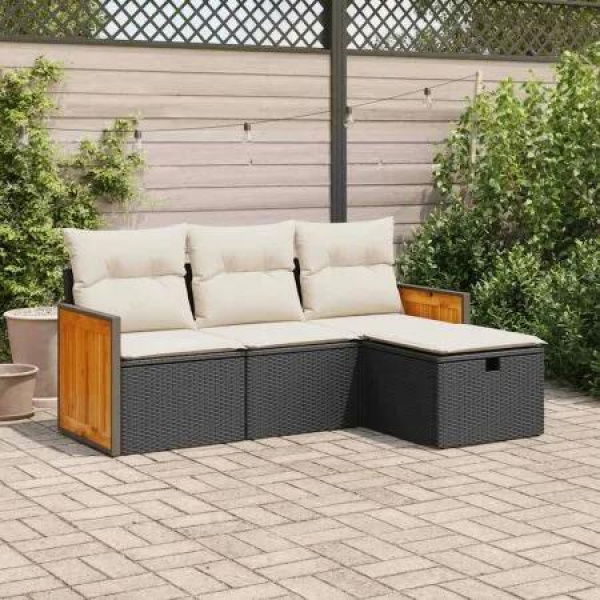 4 Piece Garden Sofa Set with Cushions Black Poly Rattan