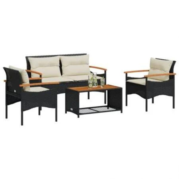 4 Piece Garden Sofa Set with Cushions Black Poly Rattan