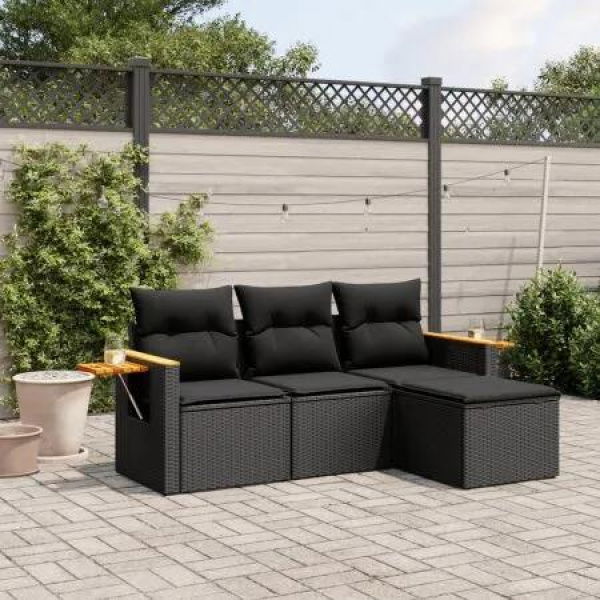 4 Piece Garden Sofa Set with Cushions Black Poly Rattan