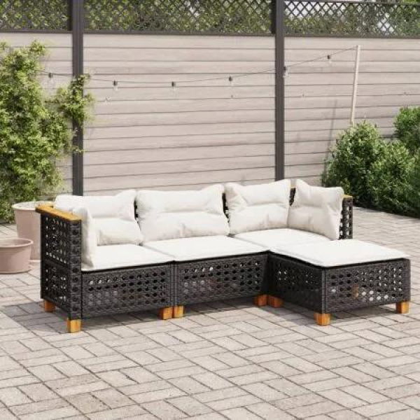 4 Piece Garden Sofa Set with Cushions Black Poly Rattan