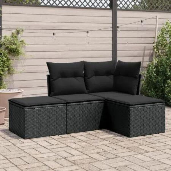 4 Piece Garden Sofa Set with Cushions Black Poly Rattan