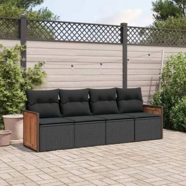 4 Piece Garden Sofa Set with Cushions Black Poly Rattan