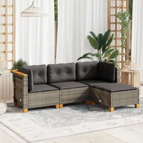 4 Piece Garden Sofa Set with Cushions Grey Poly Rattan