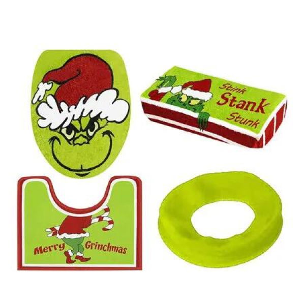 4 Piece Grinch Bathroom Decor Set Christmas Toilet Lid Cover Seat Cover Tank Cover Bath Rug for Festive Holiday Bathroom