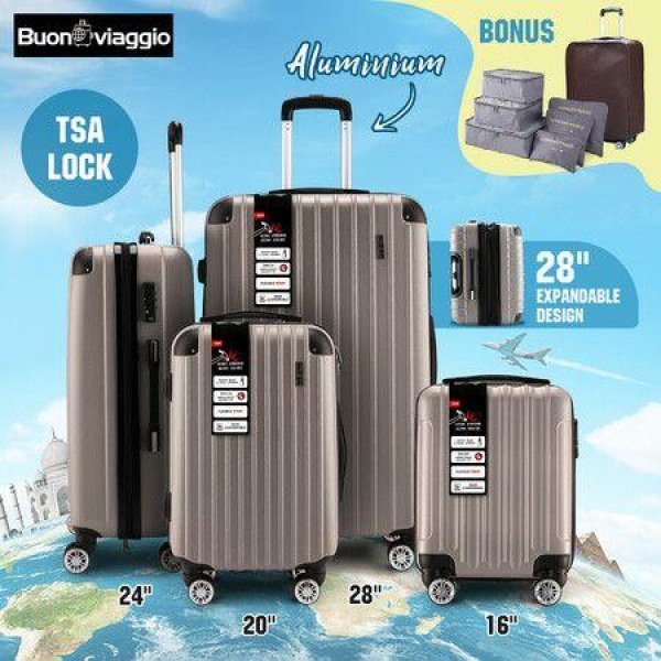 4 Piece Luggage Set Suitcase Carry On Traveller Bags Hard Shell Trolley Checked Bag TSA Lock Lightweight Champagne