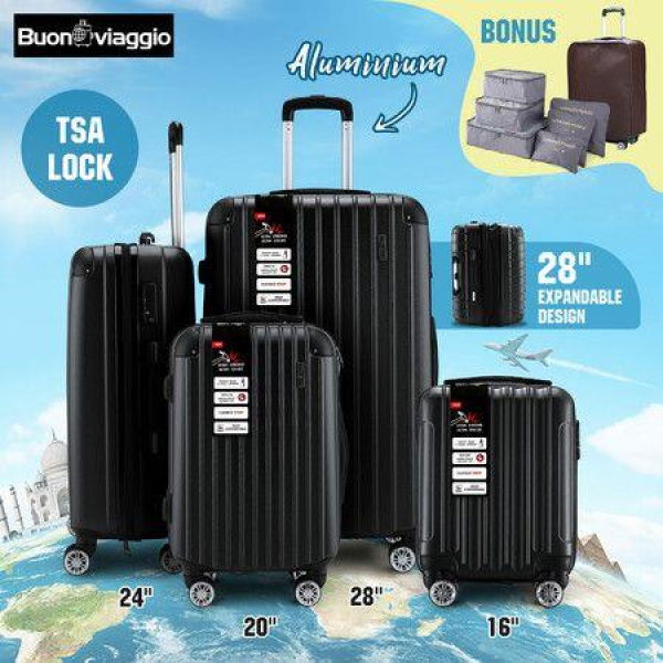 4 Piece Luggage Suitcase Set Carry On Traveller Bag Hard Shell TSA Lock Checked Trolley Rolling Lightweight Expandable Black